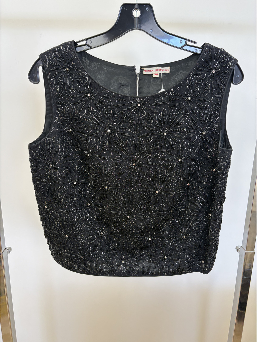 Vintage Black Beaded Top, 'Ornament in Hong Kong' size 36